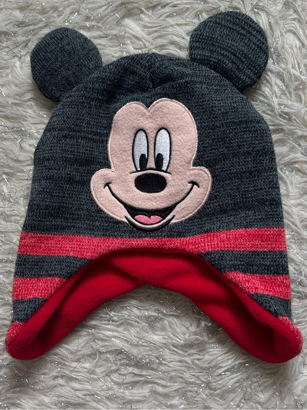 Disney Junior Mickey Mouse Gray and Red Earflaps Knit Unisex Hat 2T 3T 4T